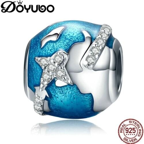DOYUBO Hot Sale Lady 925 Sterling Silver Beads Travel round the world Blue Enamel Charms With White CZ DIY Fine Jewelry ADD034