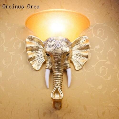 European decorative gold foil elephant wall lamp living room corridor bedroom bedside lamp creative retro painted wall lamp