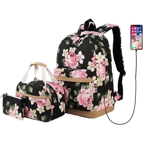 2021 New Canvas Students Backpack Set Casual School Bookbag for Teens Girls School Bags Kids 3 in 1 Book Bags Set