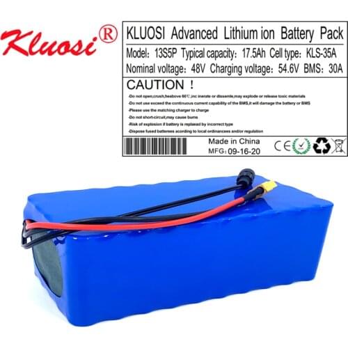 KLUOSI 48V 17.5Ah 18Ah 13S5P 48V Battery 54.6V Li-ion Battery Pack for Motor Electric Scooter Vehicle Ebike Bicycle with 30A BMS