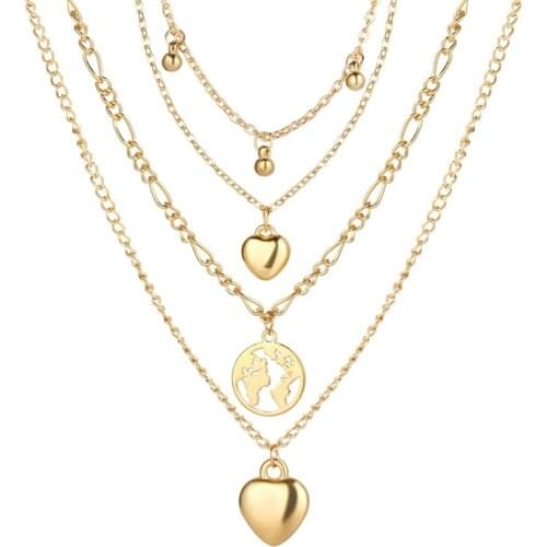 Fashion Geometric Gold Map Love Heart Necklace Set Multilayer Clavicle Chain Necklace for Women Jewelry Accessories