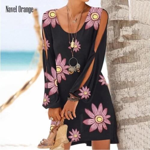 Summer Women Full Sleeve V-Neck Hollow Out Mini Dresses Casual Floral Printing Ladies Dress Loose Elegant Female Dress Vestidos