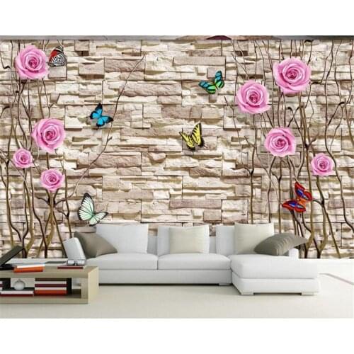 Beibehang Custom wallpaper mural Trunk rose butterfly culture wall brick wall 3D stereo TV background wall 3d wallpaper behang
