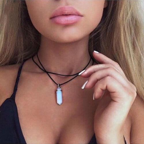 Natural Reiki Chakra Necklace Crystal Hexagonal Pointed Chakra Stones Pendant Women Black PU Leather Choker Statement Necklace