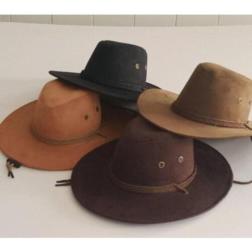 Deerskin Velvet Cowboy Hat Men Plain Color Cap Big-edge Western Rope Rider Stereotyped Hats Male Outdoor Vintage Top Caps