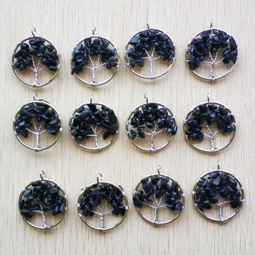 Wholesale 12pcs/lot natural black Obsidian stone Tree of life handmade wire wrapped Pendants 30mm for jewelry marking free