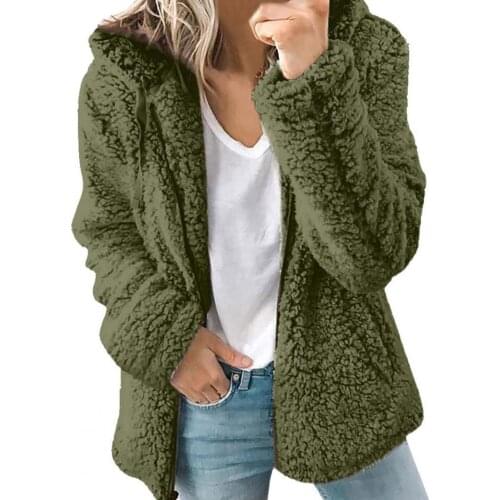 Coat Women Autumn Winter Zipper Pockets Long Sleeve Faux Fleece Coat Hooded Outerwear