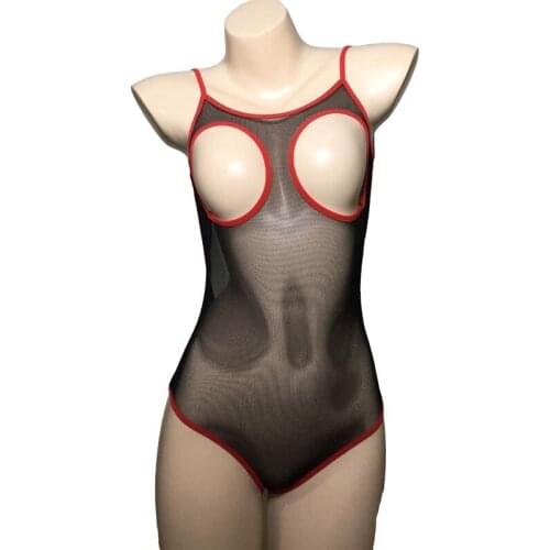 Sexy Cupless Red Trim Sheer Mesh Skinny Leotard Open Breast See-Through Backless Teddy Bodysuit Babydoll Erotic Lingerie