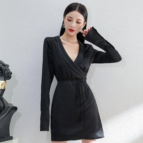 Autumn Fashion Sexy Deep V Shirt Dress Lady Long sleeve Bandage white Satin Dress Women Elegant Party Dresses Vestidos