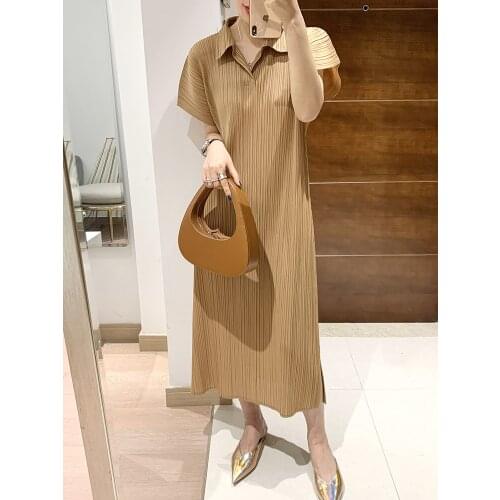 Kelana Pleated Dress 2021 Korean Fashion Polo Lapel Solid Color Loose be Thin Dress Buy dress get belt free