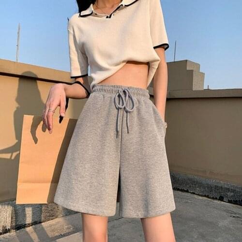 Extra large thin shorts womens summer high waist wear 5-point wide leg lace up exercise fitness