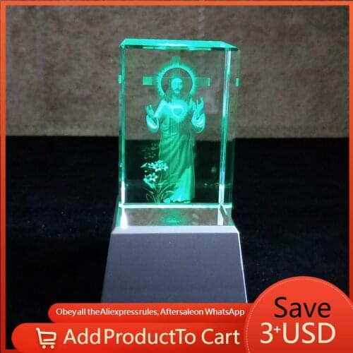 Souvenirs for Interior Figurines K9 Crystal Ornament Church Decoration Engraved Jesus Missionary Christian LED Music Base