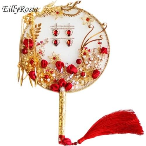 Wedding Bridal Fan Bouquet Red Gold Wedding Fan Crystal Metal Jewelry Pearls Decoration Tassel Chinese Bride Bouquet Traditional
