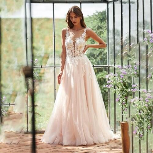 Vestido De Noiva Country Wedding Dress 2021 Scoop Illusion Back Sweep Train Appliques Garden Beach Boho Bridal Gowns