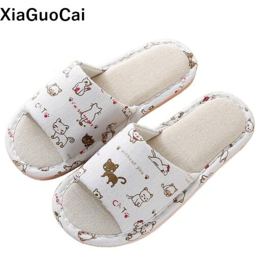 Women Home Slippers Spring Autumn Bedroom Linen Slippers Indoor Floor Soft Cartoon Couple Flax Flip Flops Lightweight EVA Unisex