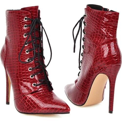 Women Shoes Sexy Ankle Cowboy Boots For Women Shoes Fashion Snake Red White Boots Women Lace Up High Heel Short Boot