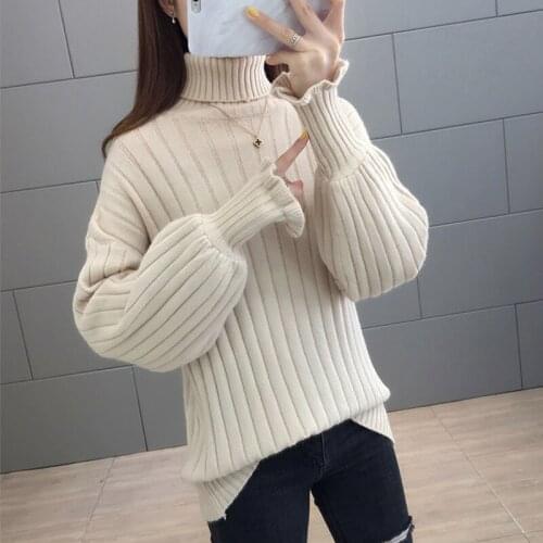 Womens Sweaters Autumn Winter Thick Solid Long Lantern Sleeve Ladies Jumper Turtleneck Casual Loose Knitted Tops for Female