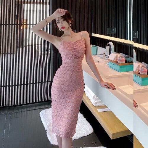 Sexy Lace Dress Women Spaghetti Strap Dresses Female High Waist Sheath Club Dress Summer 2021 Midi Sleeveless Vestidos