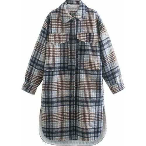 ZXQJ Elegant Women Tweed Plaid Coats Fad Vogue Ladies Pocket Outercoat Streetwear Female Chic Turn Down Collar Long Coat