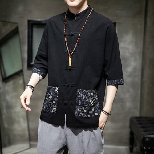 2021 New Chinese Style Mens Tops Tang Suit Linen Patchwork Traditional Kung Fu Asian Clothes Hanfu Shirt Plus Size M-5Xl KK3464