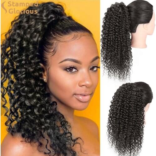 Stamped Glorious Synthetic Afro Kinky Curly Hair Extension Drawstring Puff Ponytail Clip in Pony Tail African American Hair