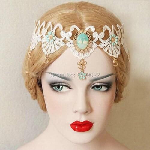 Retro Noble Wedding White Lace Forehead Headband Swan Flower Pendant Elastic Head Piece Hair Band Princess Queen Accessories