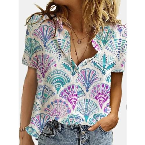 Elegant Funny Print Blouse Shirts Women Fan print New Summer Short Sleeve Tops Female Casual Basic Shirts Sandy Beach Clothing