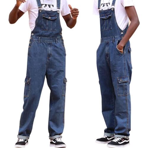 Oversized Hip Hop Loose Jeans Men Overalls Bib Denim Jumpsuits Workwear Straight Wide Leg Pants Blue Trousers Size 28-50