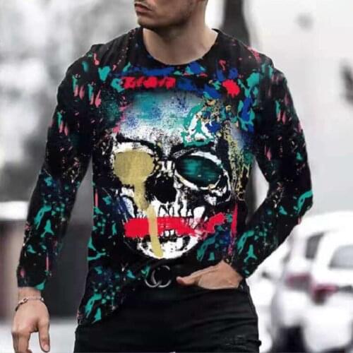 Spring Autumn New Skull Printing T Shirt For Men Casual Oversized Long Sleeve Clothes Streetwear Hip Hop 3D Printed Top Tees