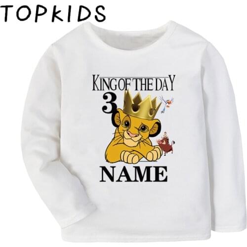 Customized Name Birthday T shirt King of the Day Cartoon Lion Boys Clothes Baby Girls Cute Tops Kids Long Sleeve T-shirt,LKP2467