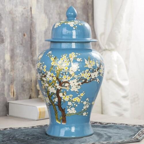 Chinese temple jar bird and flower ceramic jar lid plum blossom painting ginger jar vase Hotel and home decoration blue color
