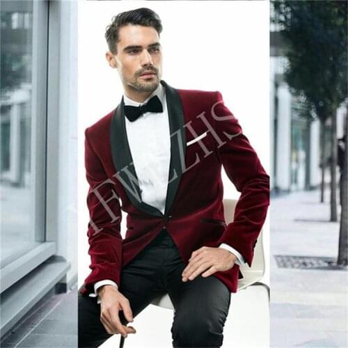 Handsome Velveteen Groomsmen Shawl Lapel Groom Tuxedos Wedding Dress Men Suits Blazer Prom Dinner (Jacket+Pants+Tie) K511