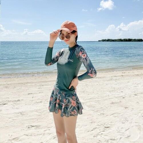 Floral Print Skirt Swimsuit Women Breathable Mesh Long Sleeve Bathing Suit Sun Proof Hot Spring Beach Wear Quick Dry Swimwear