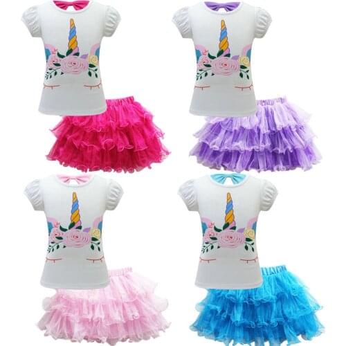 Summer Girls Cartoon Unicorn T-shirt Rainbow Skirt Suit Children Clothing Sets Princess Girl Short Sleeve T shirts Clothes Sets