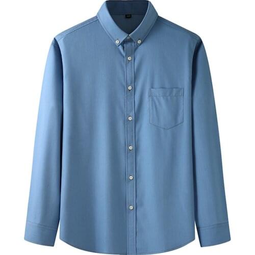 Men Shirts Loose Casual Fashion Pocket Cotton Spring Autumn Men Long Sleeve Cotton Plus Size Light Blue Elasticity Shirts 8XL