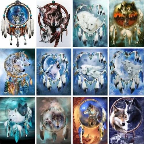 Huacan Diamond Painting Set Wolf Dream Catcher Mosaic Animal Embroidery Fantasy Rhinestone Pictures Home Decor