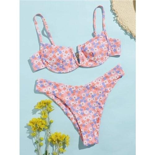 2021 New V-bar Underwired Bikinis Floral Swimwear Women Swimsuit Female V-Neck Bikini Set Push Up Beach Wear Swim Bathing Suits