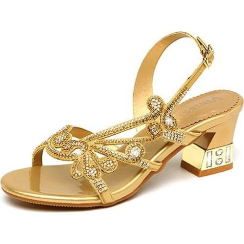 2019 New Rhinestone Sandals Women Summer Sexy Fashion Sandals Thick Heel High Heels Elegant Comfortable Women Sandal Shoes