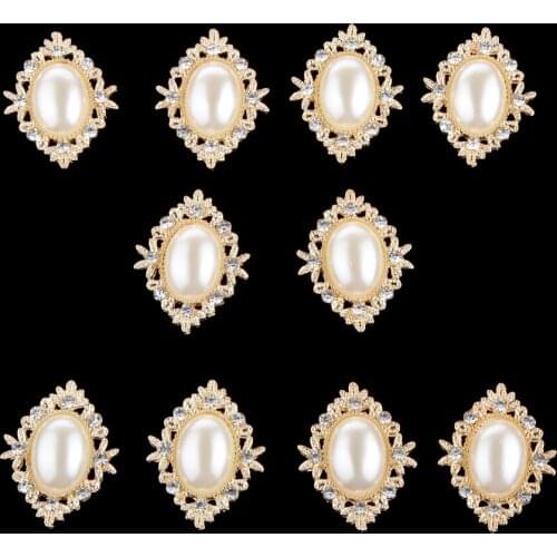 Phenovo 10 Pearl Oval Rhinestone Button Flatback Embellishment Craft Gold