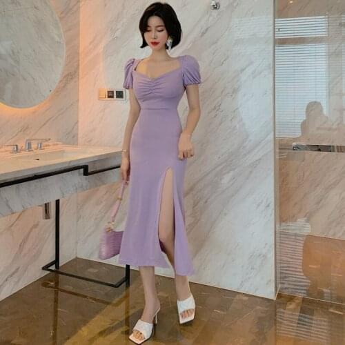 Korean Style Sheer Good Elastic Sexy Dresses Party Night Club Dress 2020 High Split Corset Midi Purple Summer Ruched Dress 2020