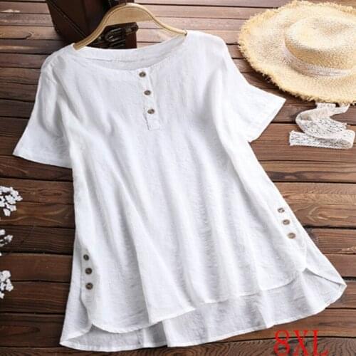 Large size shirt 4XL-8XL bust 133CM fashion womens loose comfortable plaid round neck irregular hem button short sleeve shirt
