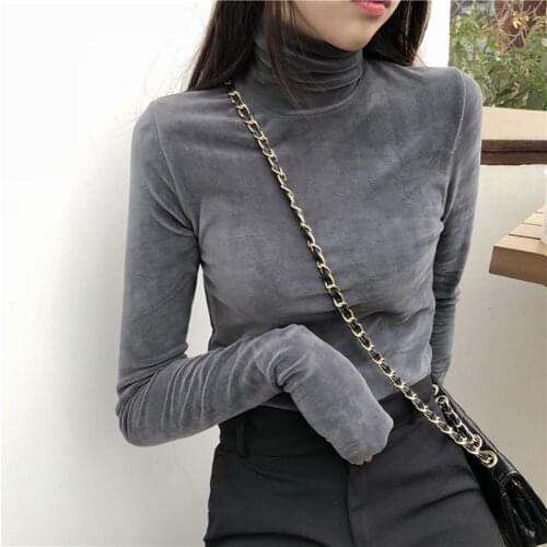 Women T Shirt Warm Gold Velvet Pullovers Tops High Collar Bottoming Slim T-shirt Winter Warm Turtleneck Long Sleeve Tshirt