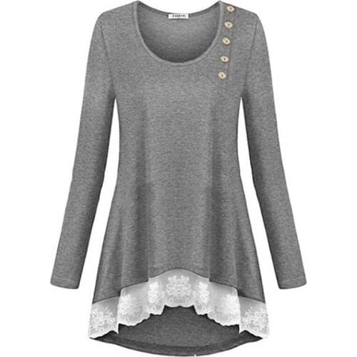 Spring Autumn Women Lace Patchwork Tshirt Casual Long Sleeve O Neck Irregular Top Button Decoration Tee Shirt Ladies