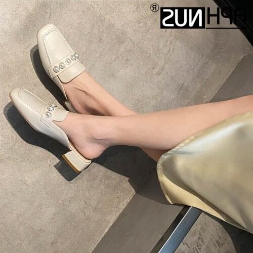 APHNUS Womens Sandals Cow Leather Beading Pearl Low Mid Heels Pumps Slippers Slides Woman 2021 Shoes For Women New
