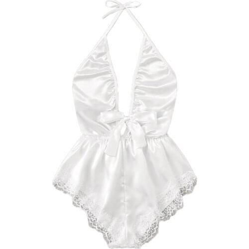 Solid Color Ice Silk Women Leotard V-Neck Lace Smooth Push Up Female Bodysuit Sleepwear Bohemian Elegant Slim Fit Lady Jumpsuit