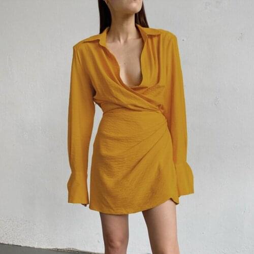 Skinny Sexy V-neck Irregular Folds Women Shirt Pencil Dress Autumn Long Sleeve Turn-down Collar Club Yellow Ladies Short Dresses