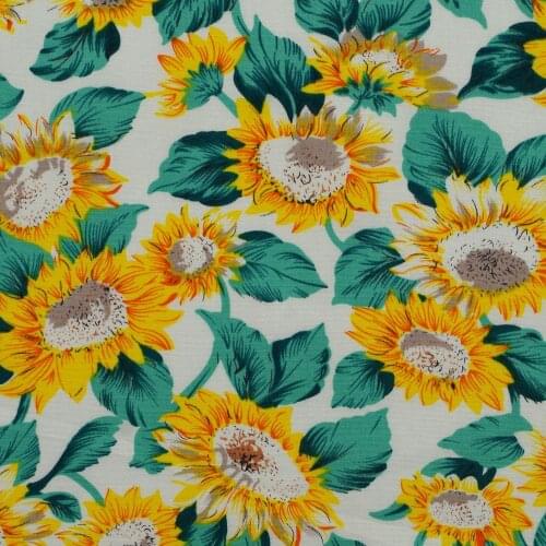 1 Yard Cotton Poplin Fabric for Sewing Patchwork, Dress, Cloth - Sunflower on White Background (width=140cm)