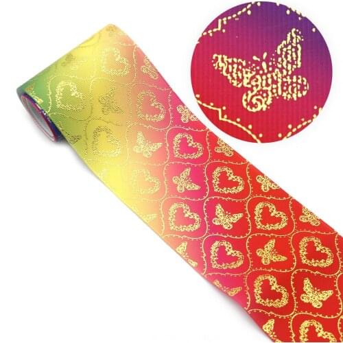 1 yards 75mm Bronzing Butterfly Heart Printed Grosgrain Ribbon for DIY Craft Hair Bow Gift Cake Packaging Sewing Accessories