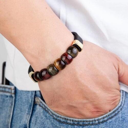 100% natural tiger eye stone punk style jewelry charm stainless steel mens leather bracelet natural stone bracelet gift