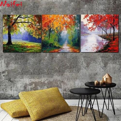 5D DIY Diamond Painting 3 Piece colorful tree Full Square Round Diamond embroidery landscape Cross stitch Diamond crystal art